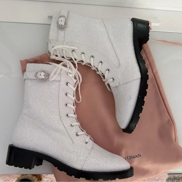 Stuart Weitzman New Crystal Buckle White glitter sparkle Lace-Up combat Boots 9